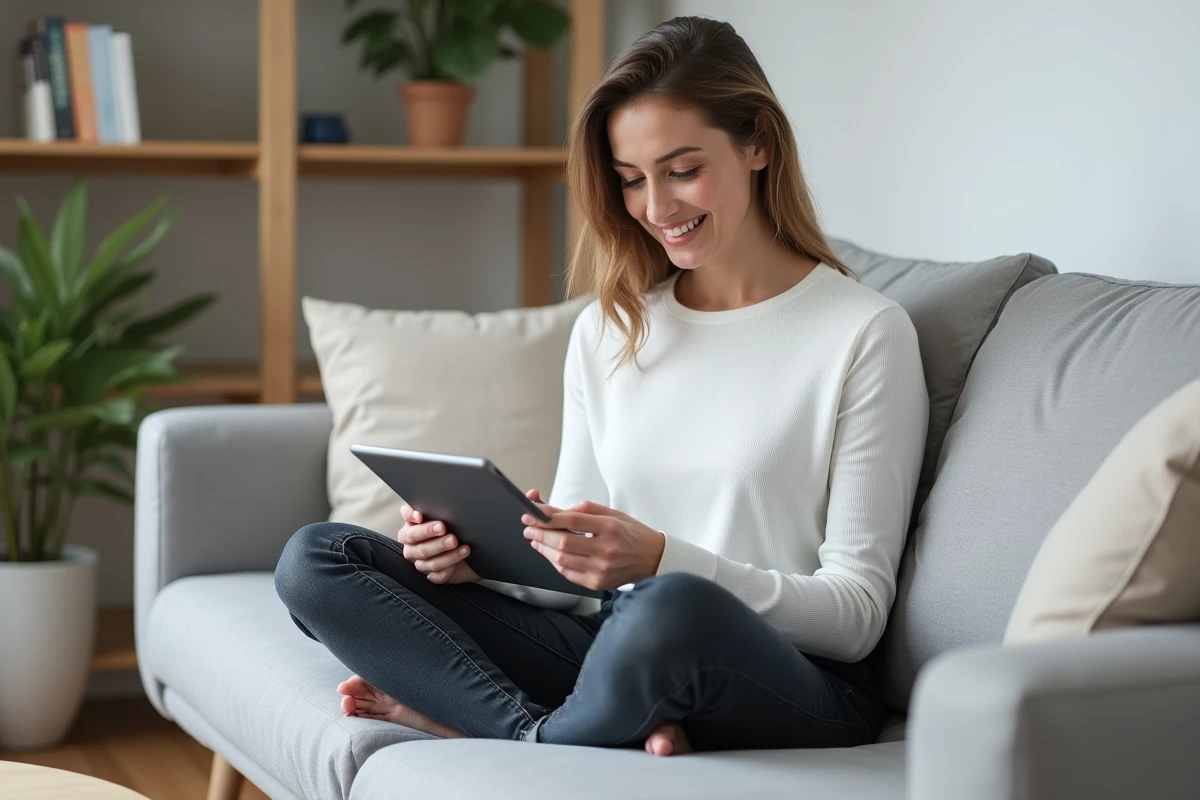 Jeune femme accédant à son espace client assurance sur tablette depuis son salon