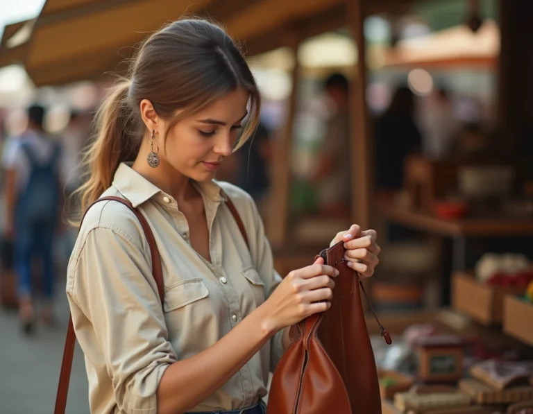 Femme inspectant un sac en cuir d'occasion sur un marché aux puces en plein air