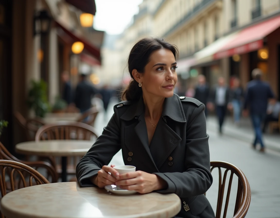 Actrice française célèbre attablée à une terrasse de café parisien, dans une atmosphère authentique et contemplative rappelant le parcours biographique de Sophie Marceau
