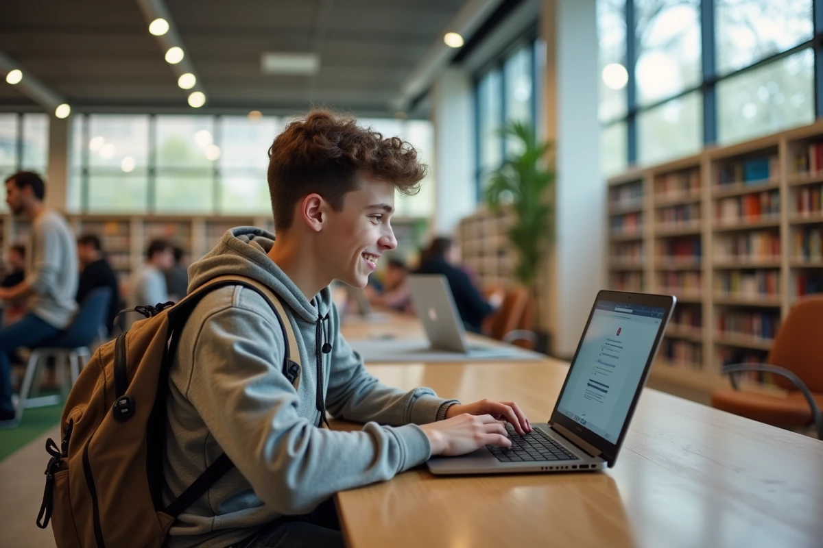 Adolescent participe à une conversation française en ligne dans une bibliothèque