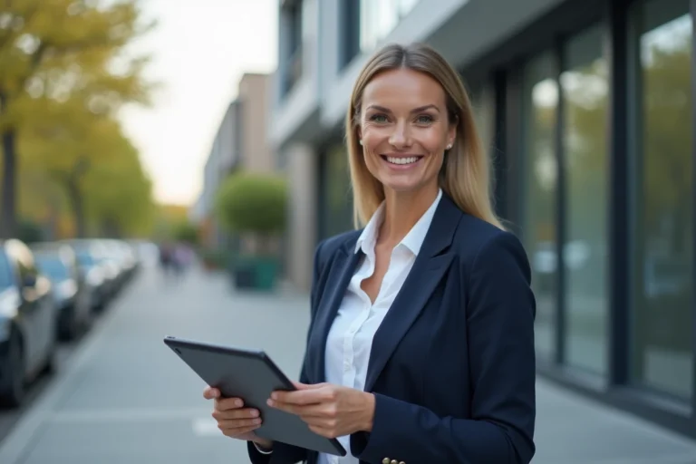 Agent immobilière professionnelle tenant une tablette avec des annonces immobilières devant un immeuble moderne en 2024