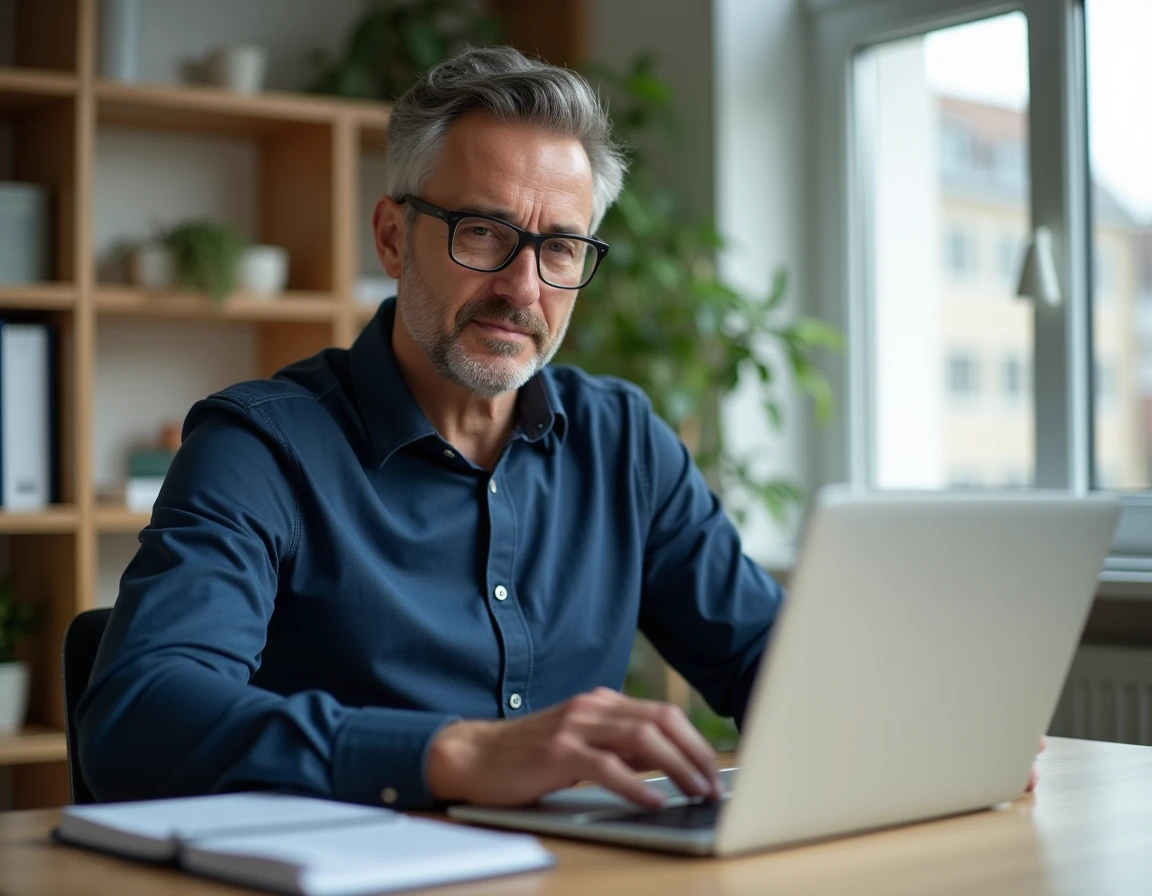 Homme utilisant un ordinateur portable pour gérer et annuler une commande en ligne sur Zalando depuis son bureau à domicile