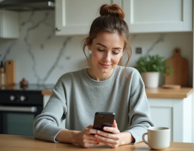 Femme consultant son smartphone pour annuler une commande sur l'application Zalando depuis sa cuisine