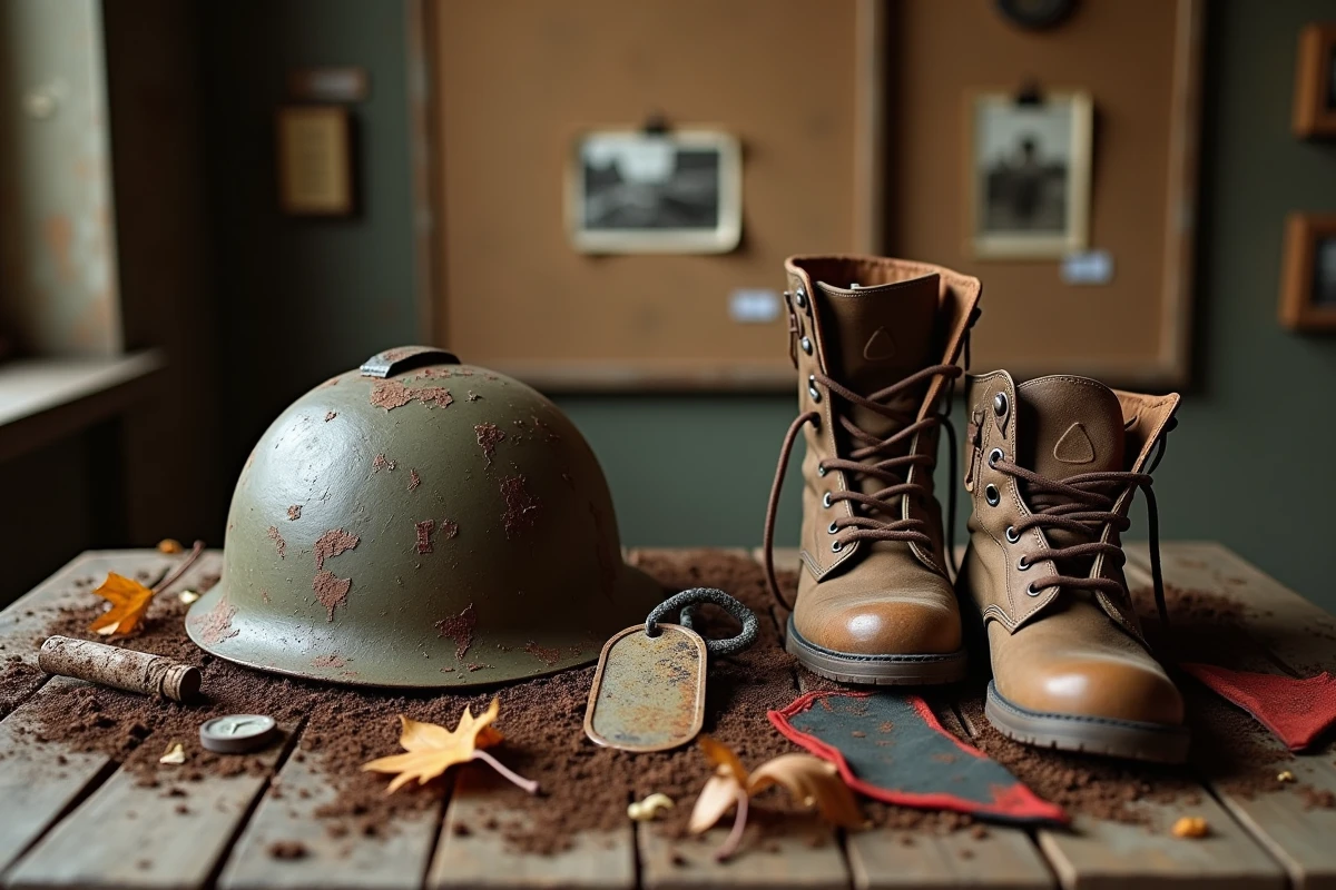 Artefacts militaires rouillés et casque de guerre exposés sur une table en bois évoquant les combattants de la Seconde Guerre mondiale