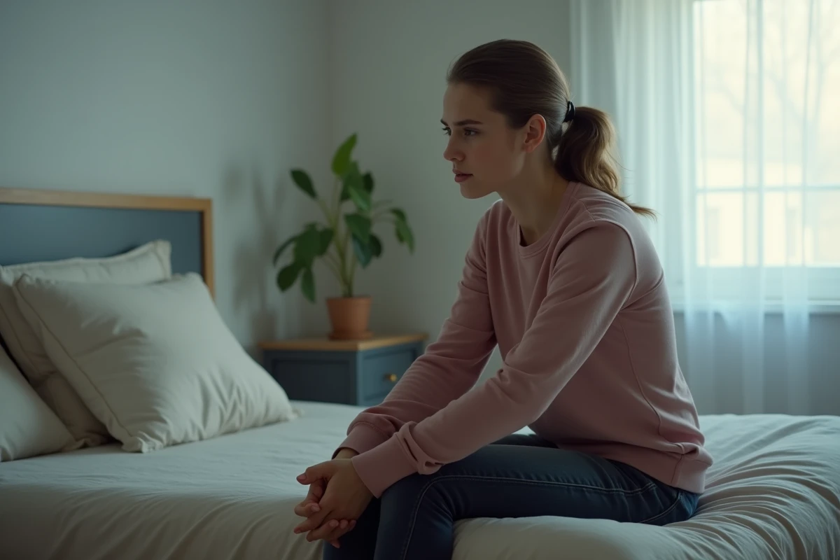 Femme seule assise sur un lit, exprimant de la fatigue émotionnelle après une relation difficile avec sa sœur