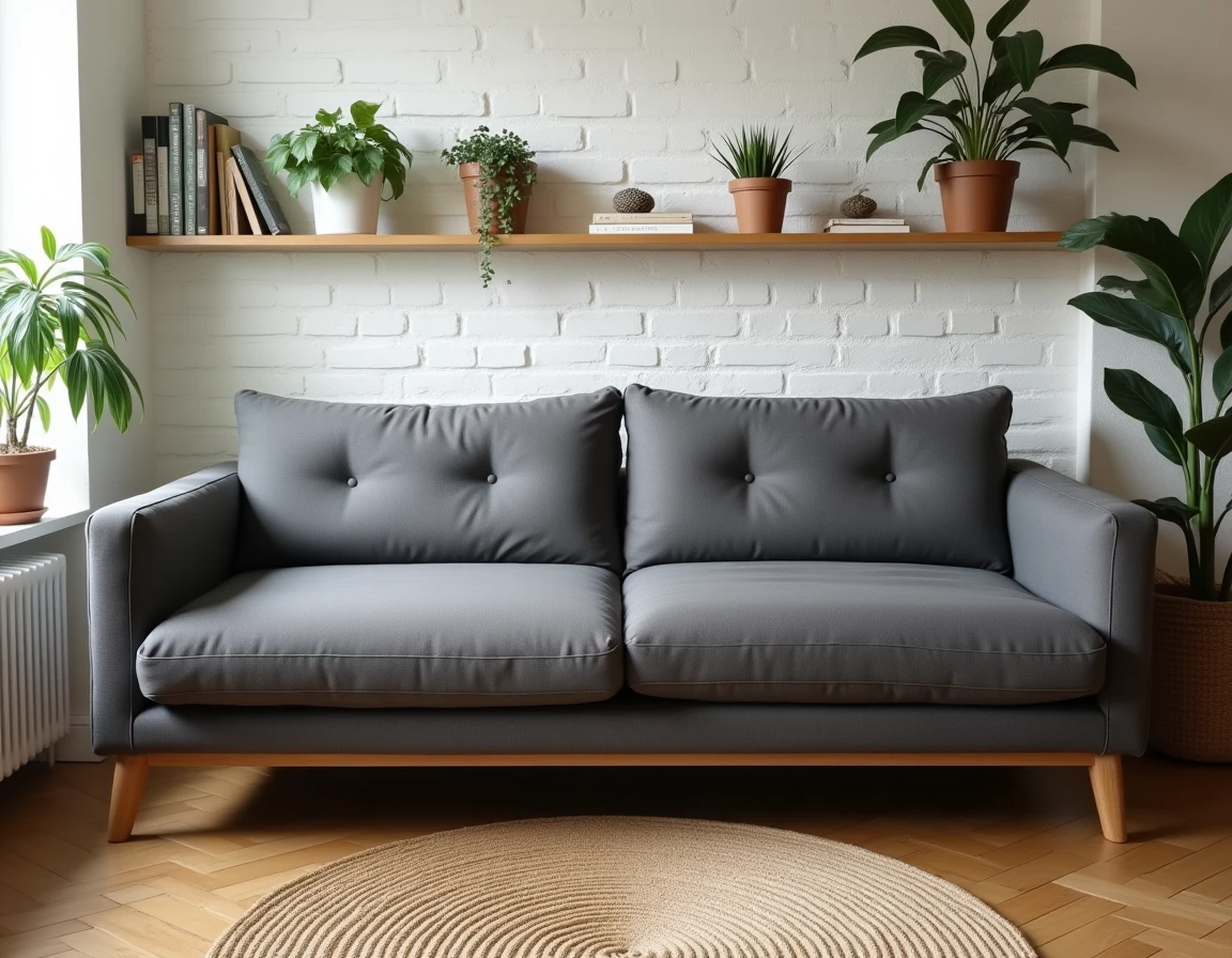 Clic-clac moderne en tissu gris anthracite déplié dans un salon parisien cosy avec parquet en chêne et mur en brique blanche