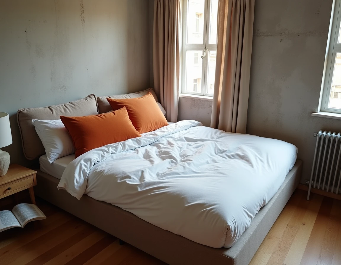 Clic-clac déplié en lit avec literie blanche et coussins terracotta dans un studio urbain compact