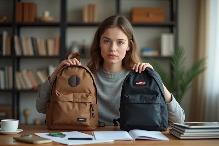 Femme comparant deux sacs Eastpak côte à côte pour détecter une contrefaçon