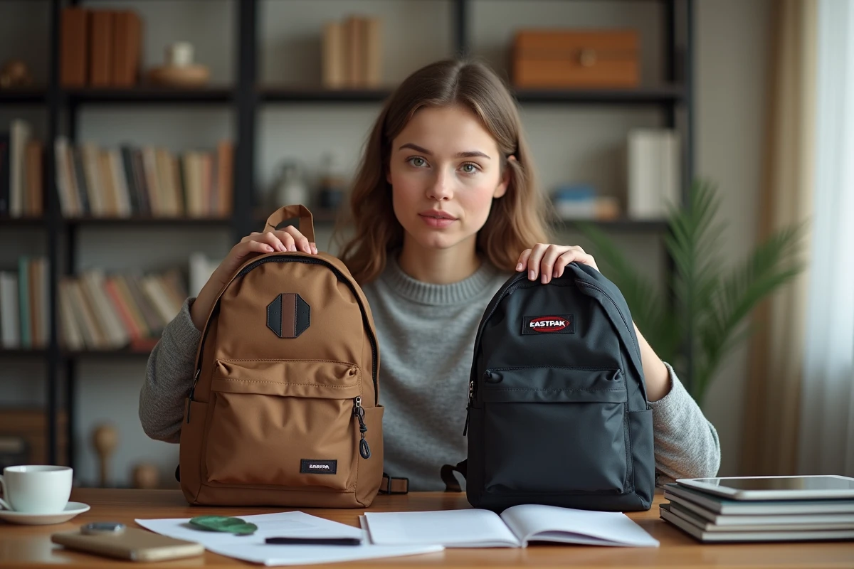 Femme comparant deux sacs Eastpak côte à côte pour détecter une contrefaçon