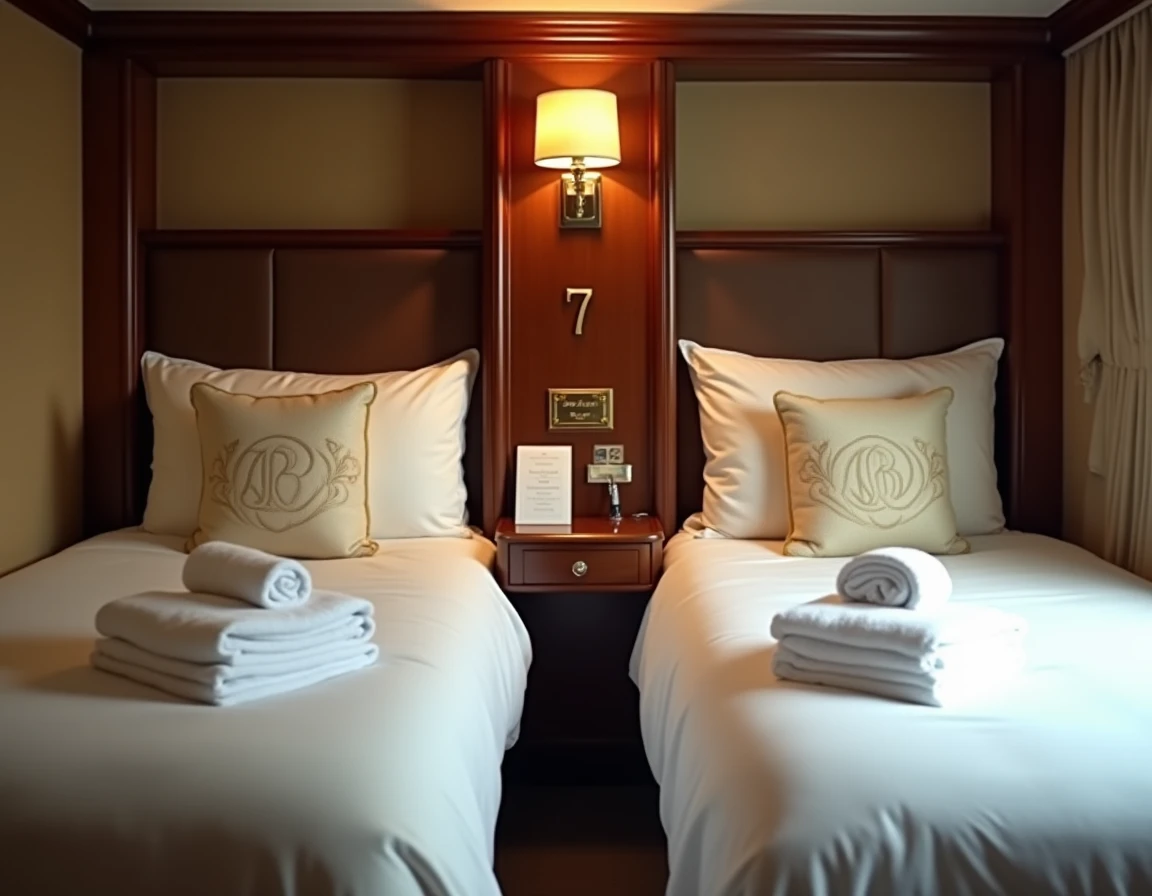 Compartiment couchette de l'Orient Express avec deux lits superposés en linge blanc et plaque numérotée en laiton