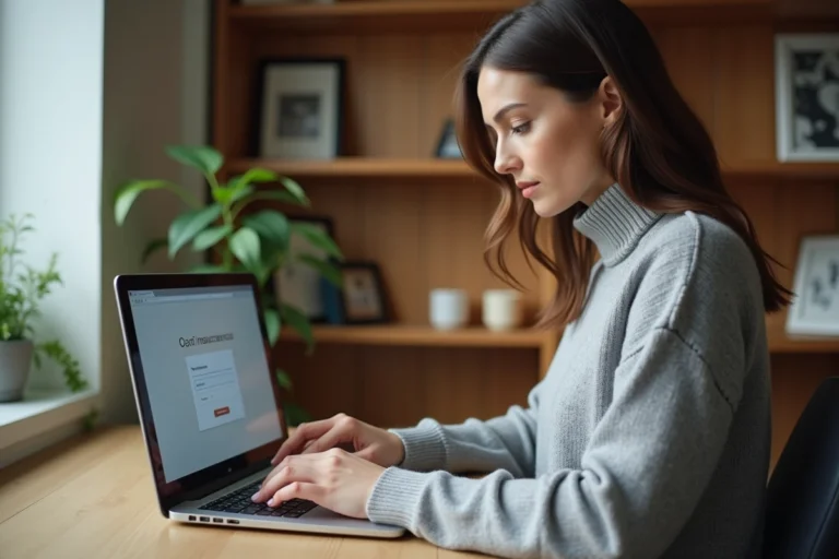 Femme connectée à son espace client assurance sur un ordinateur portable à son bureau à domicile