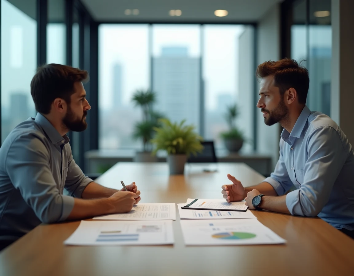 Consultant financier et client analysant un rapport d'imposition avec plafond fiscal non utilisé dans une salle de réunion moderne
