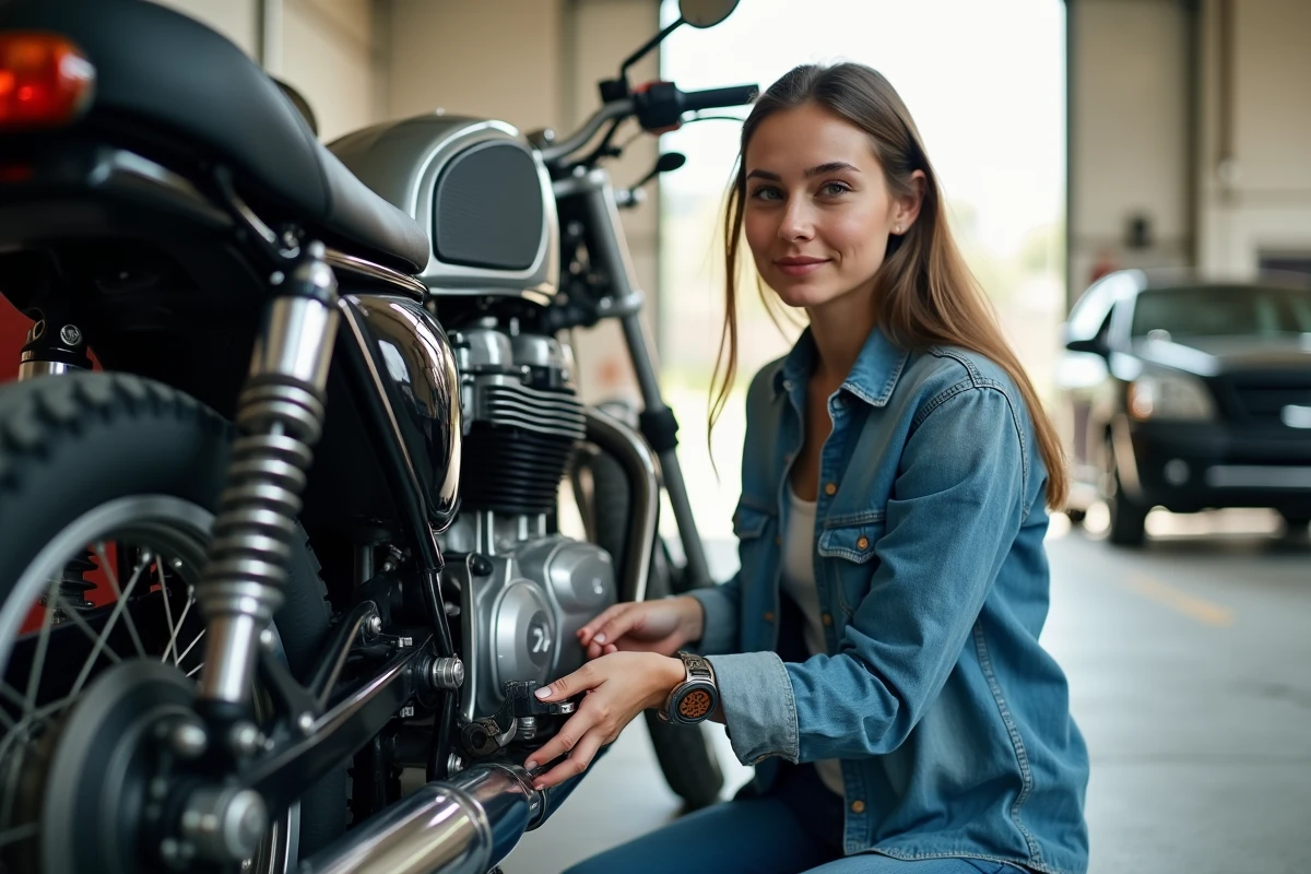 Jeune femme vérifiant la tension de la chaîne de sa moto en atelier