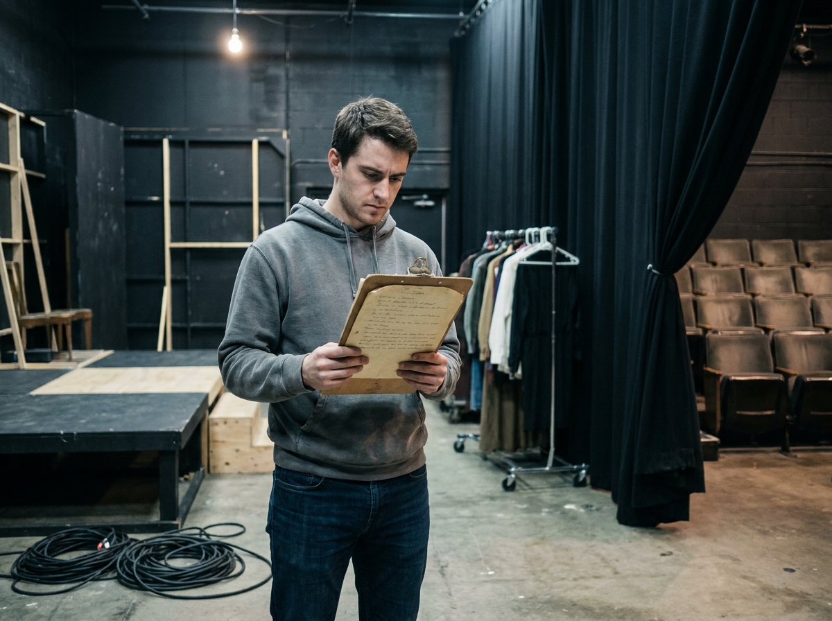 Jeune homme en coulisses d'un théâtre consultant ses notes avant une répétition dans le cadre d'une formation aux métiers du spectacle