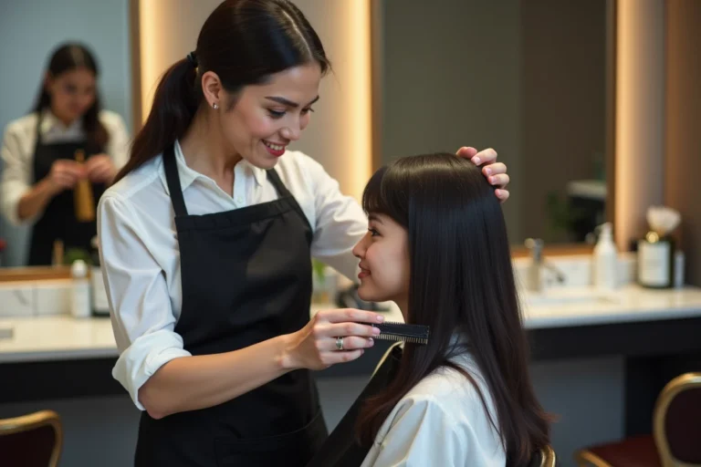 Coiffeuse professionnelle préparant une coupe papillon sur une cliente en salon de coiffure moderne