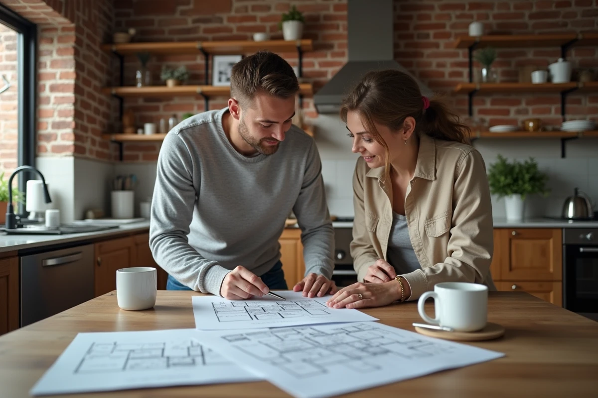 Couple étudiant des plans et documents immobiliers à une table en bois lors d'une visite de maison