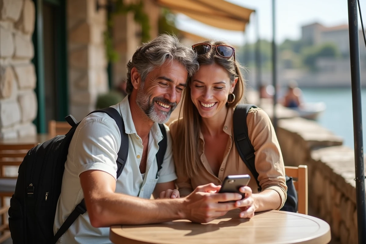 Couple vérifiant une réservation Booking.com sur smartphone avec des chèques vacances posés sur la table en terrasse