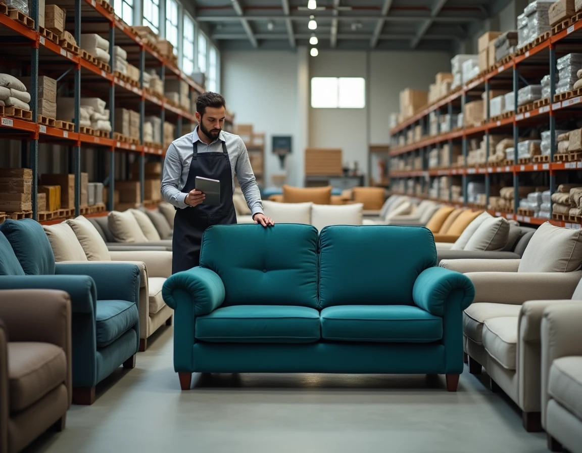 Intérieur d'un magasin de dépôt-vente de canapés d'occasion avec un employé inspectant un sofa en velours, représentant une option de reprise de mobilier usagé.
