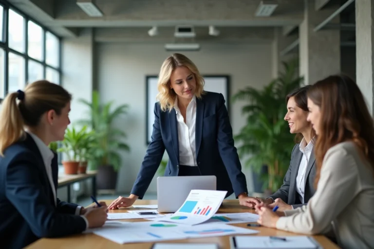 Femme dirigeante analysant des graphiques de croissance avec son équipe dans un bureau moderne