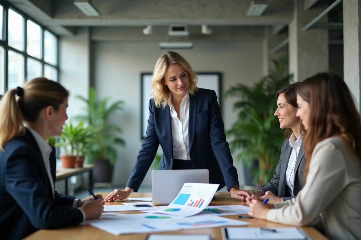 Femme dirigeante analysant des graphiques de croissance avec son équipe dans un bureau moderne