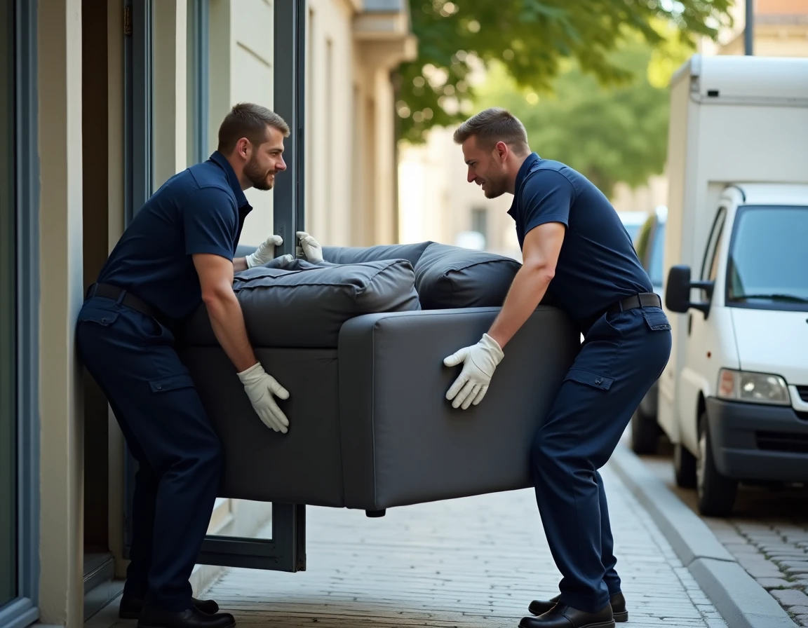 Deux déménageurs sortent un grand canapé d'angle gris d'un immeuble résidentiel vers un camion de reprise, illustrant l'enlèvement d'un canapé usagé à domicile.