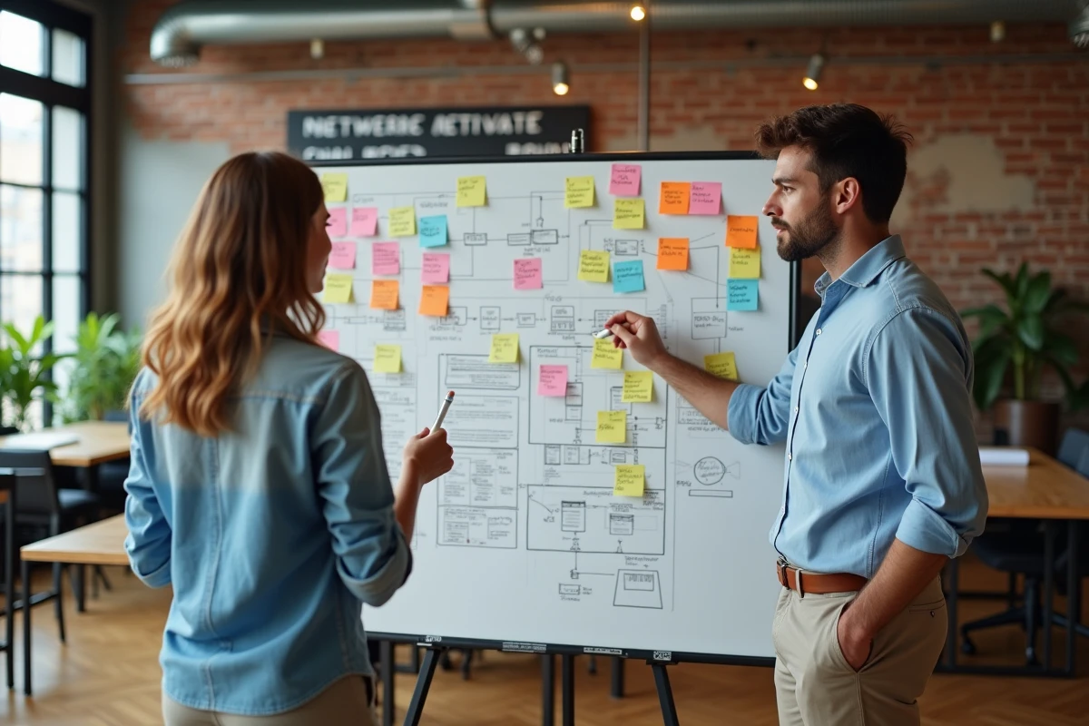 Deux entrepreneurs élaborant une stratégie de croissance sur un tableau blanc dans un espace de coworking