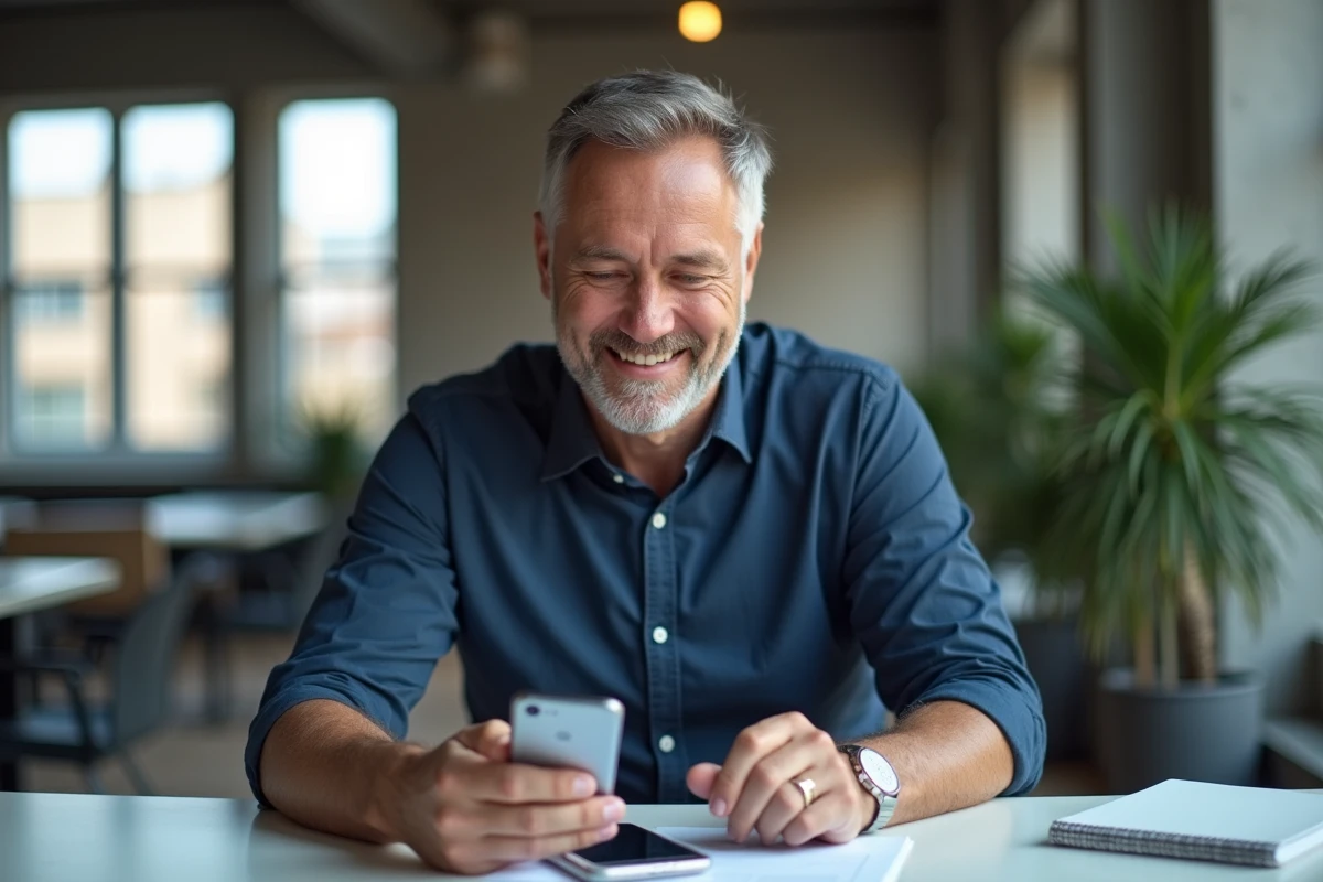 Homme consultant son espace client Victor by Direct Assurance sur smartphone dans un espace de coworking