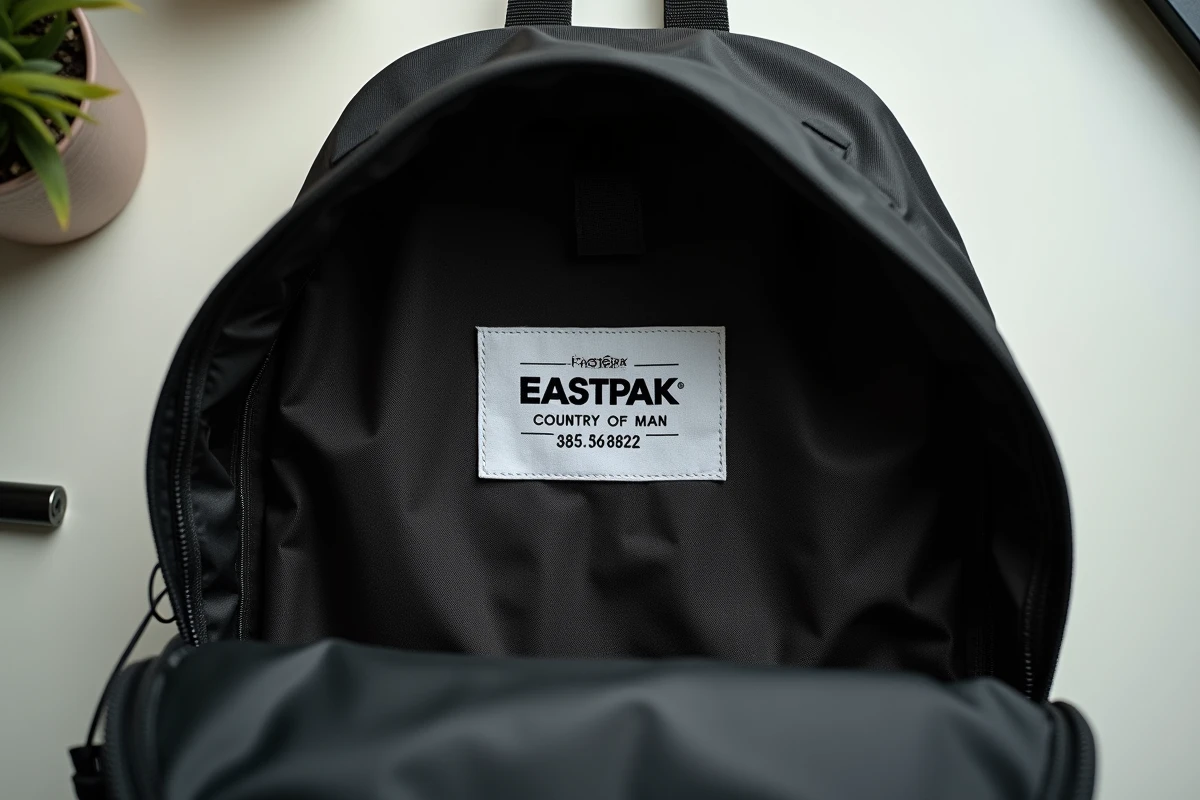 Étiquette intérieure officielle d'un sac Eastpak montrant la typographie, le pays de fabrication et le numéro de série
