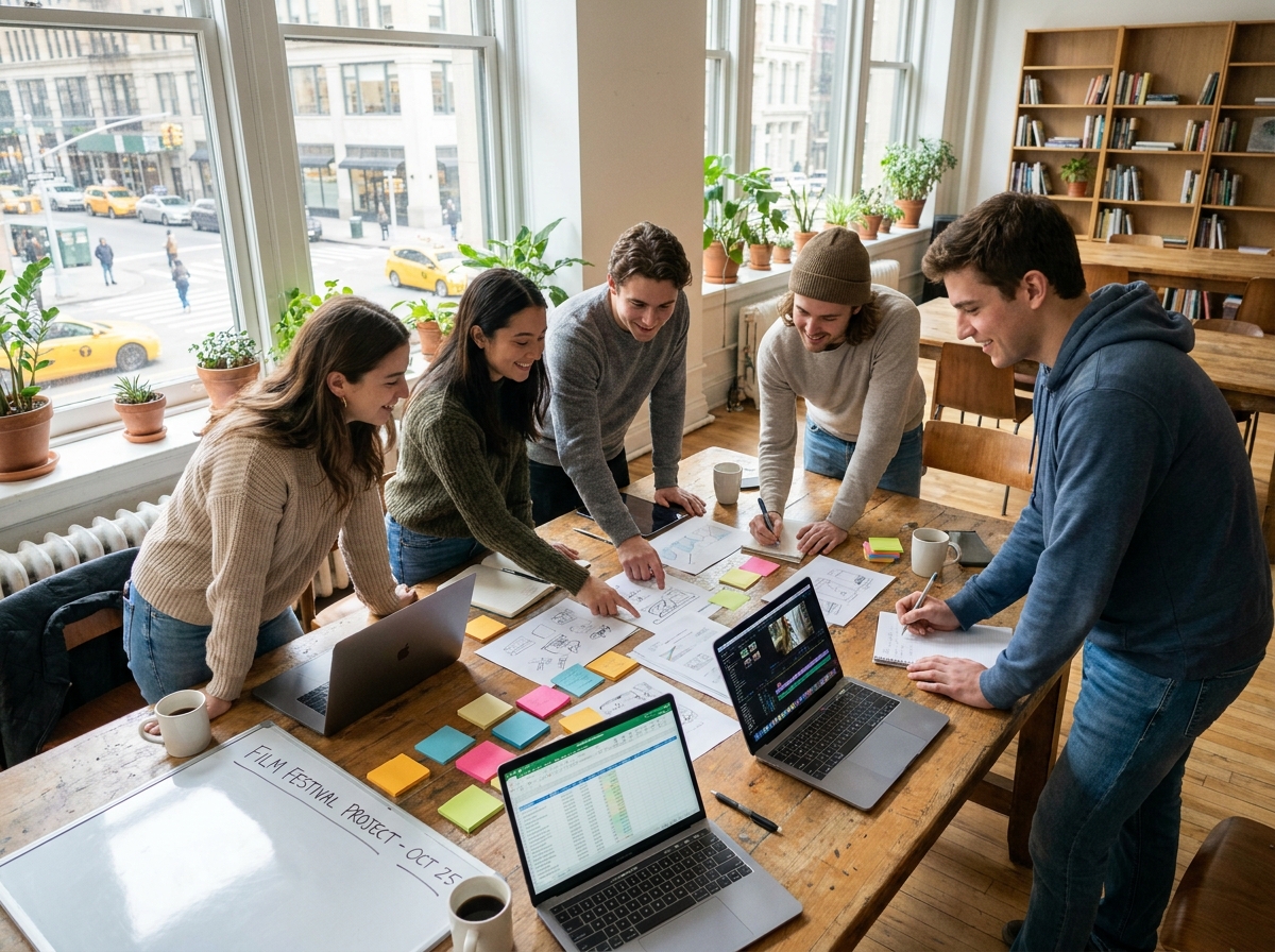 Groupe d'étudiants en prépa divertissement travaillant ensemble sur un projet d'animation autour d'une table