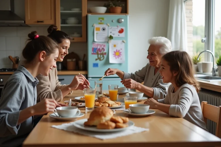 Famille multigenerations partageant un petit déjeuner convivial