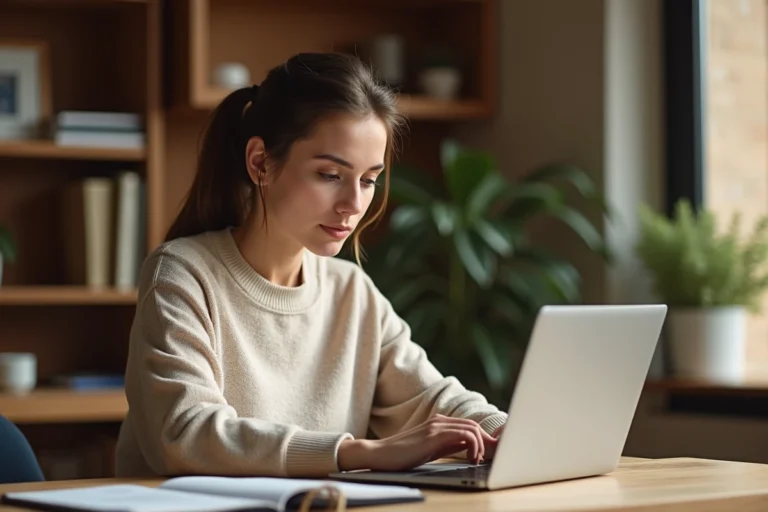 Femme consultant les dernières tendances et actualités en ligne sur un ordinateur portable dans un bureau moderne