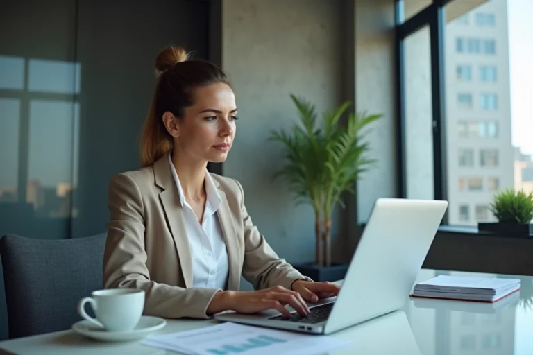 Femme d'affaires analysant des flux financiers au bureau