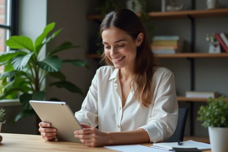 Femme étudie vocabulaire français sur tablette dans son bureau