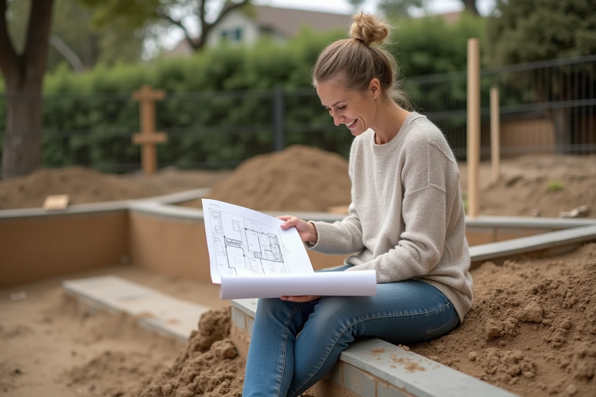 Femme souriante examinant des plans de terrasse en construction