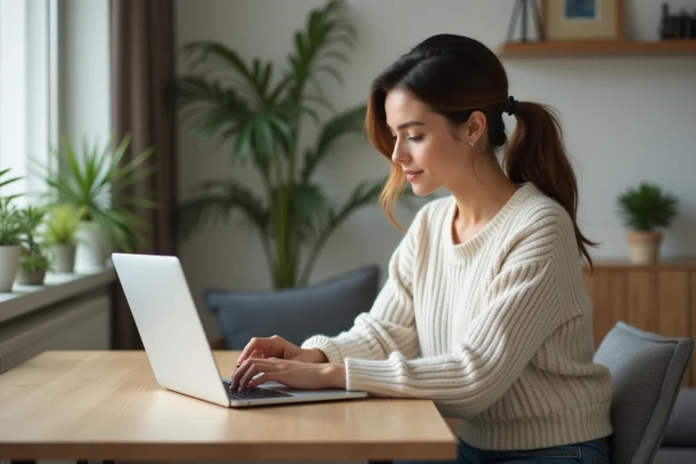 Femme détendue regardant son historique de réservation en ligne