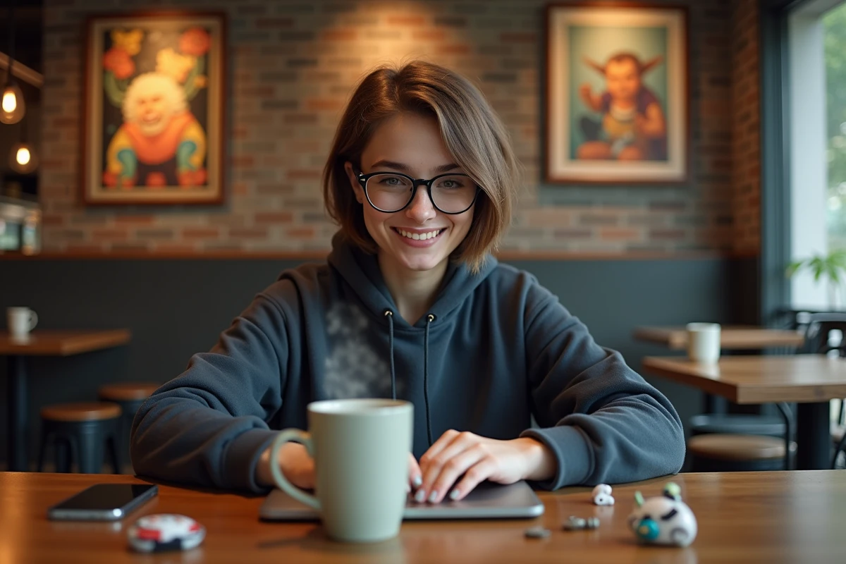 Femme avec hoodie gaming travaille sur son ordinateur au café
