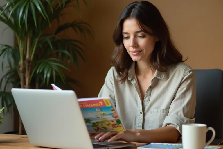 Femme consultant le site Booking.com avec un carnet de chèques vacances à la main dans un bureau à domicile