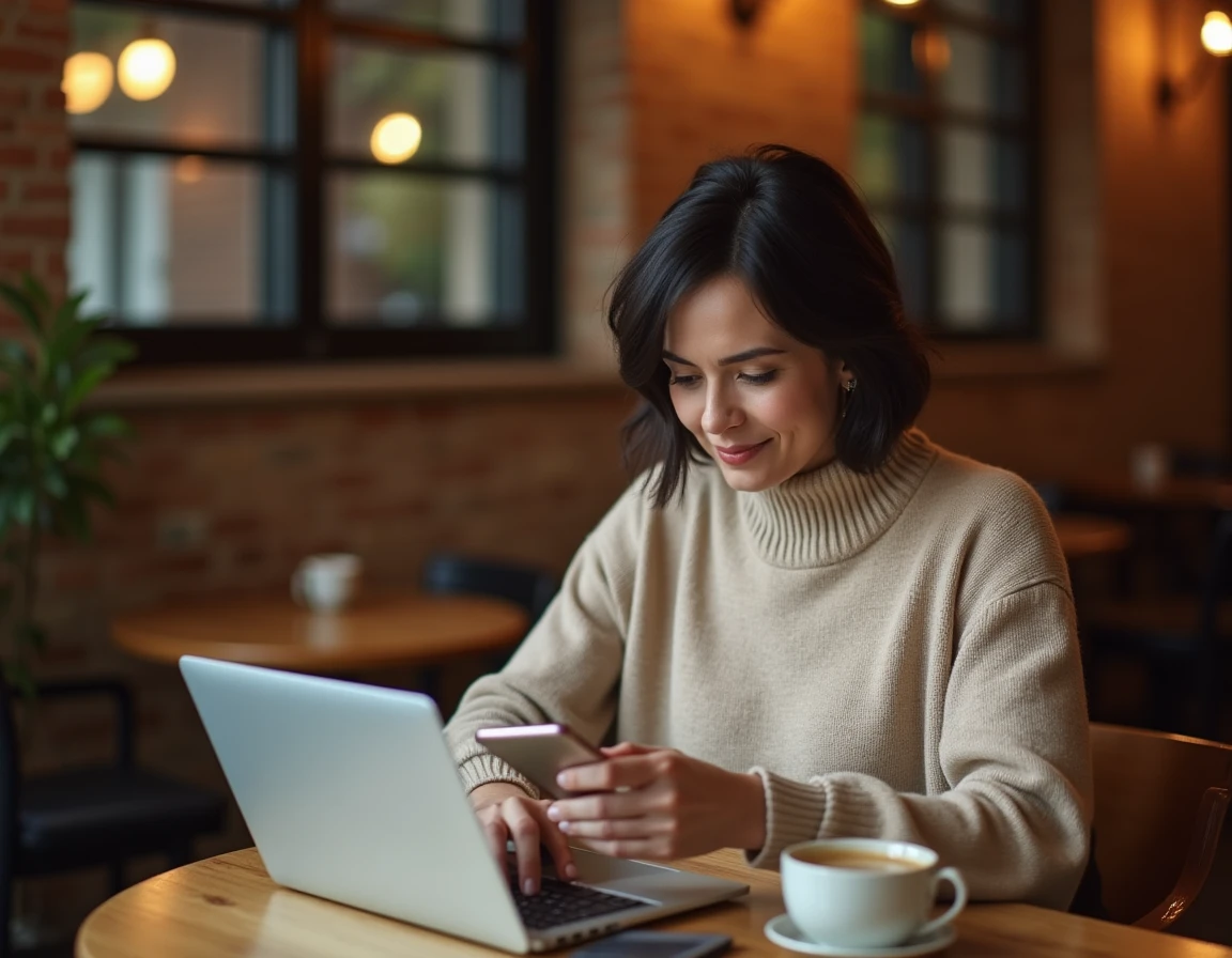 Femme utilisant un ordinateur portable et un téléphone dans un café parisien pour trouver des moyens de contact efficaces