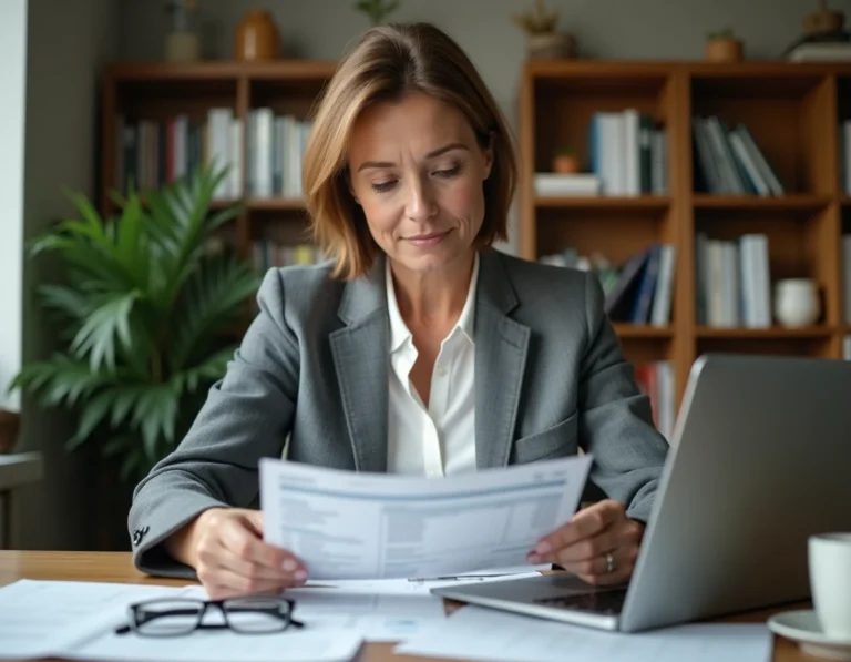 Femme consultante examinant des documents fiscaux et un tableau de calcul sur ordinateur portable dans un bureau à domicile