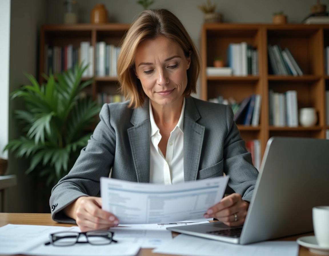 Femme consultante examinant des documents fiscaux et un tableau de calcul sur ordinateur portable dans un bureau à domicile