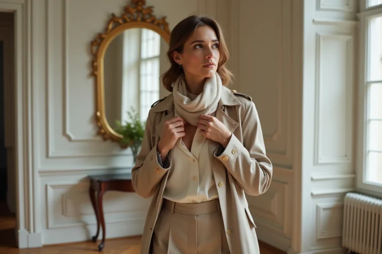 Femme élégante en trench beige dans un appartement parisien