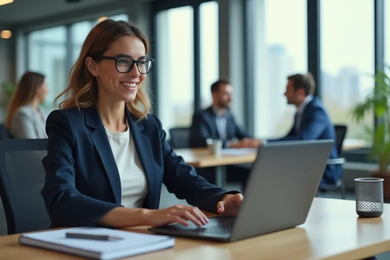 Femme professionnelle suivant une formation en ligne dans un bureau moderne, concentrée devant son ordinateur portable