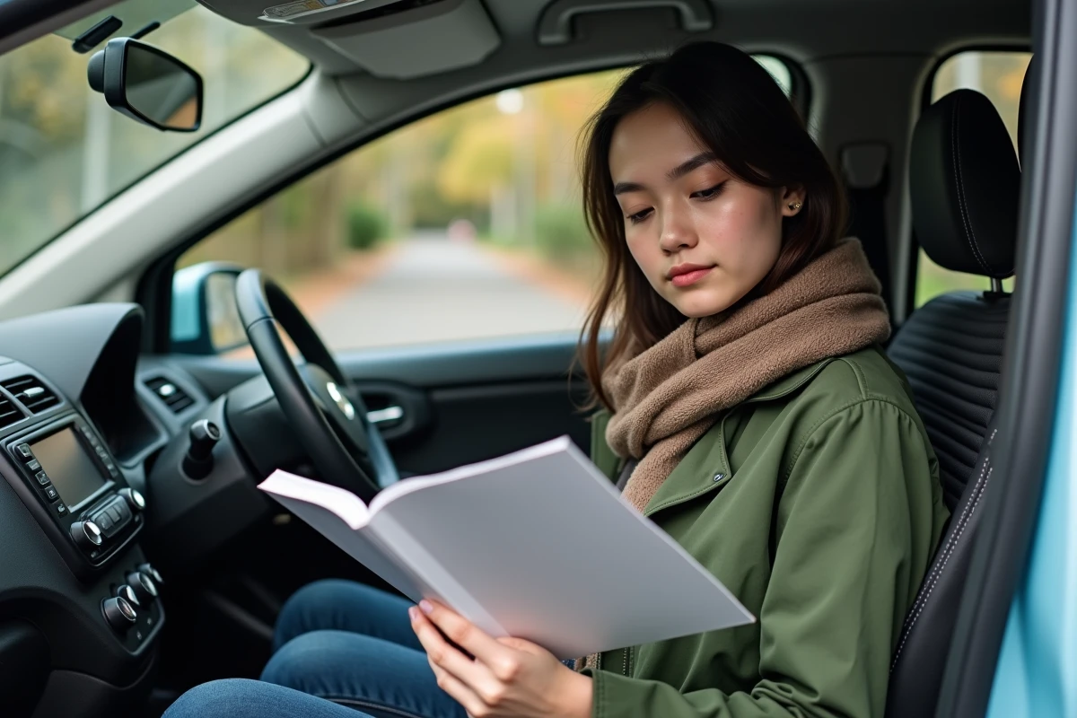 Jeune femme lisant le manuel dans sa voiture en ville