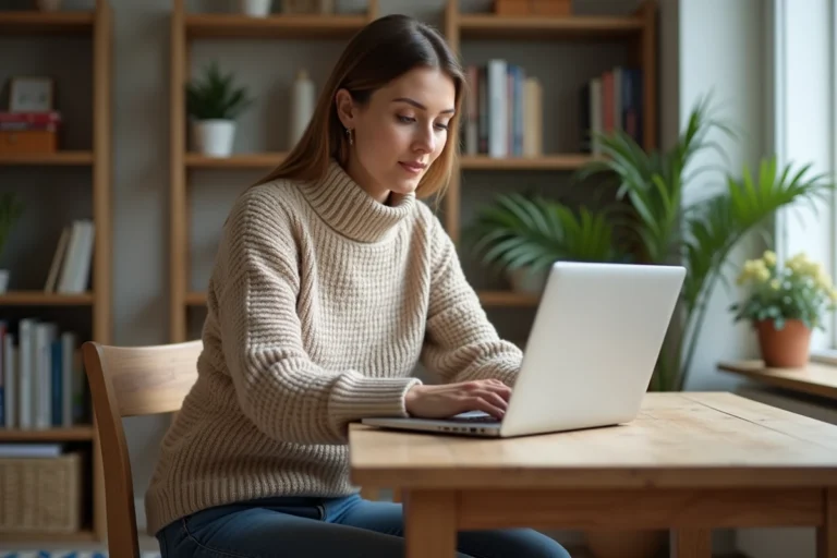 Femme en intérieur utilisant un ordinateur pour consulter des annonces
