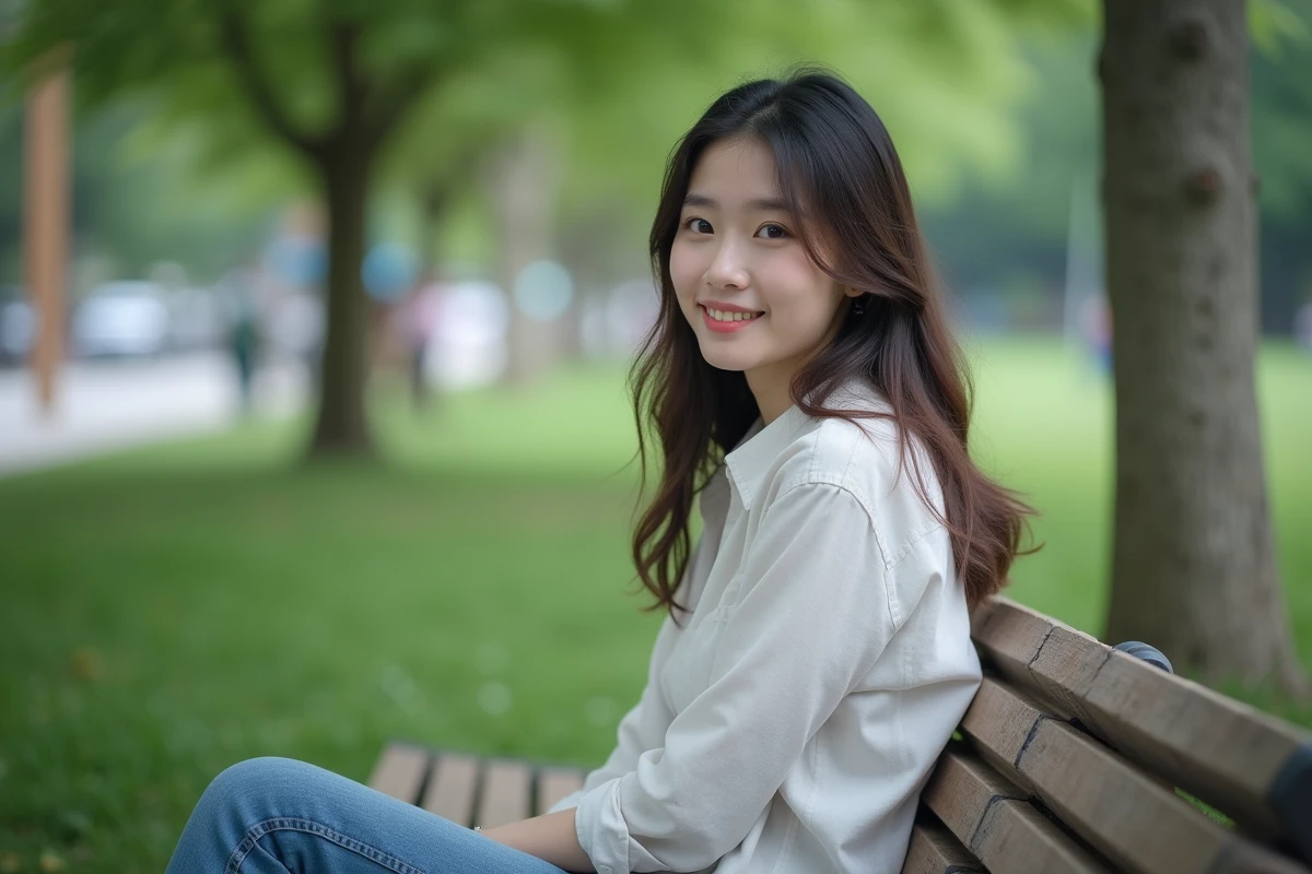 Femme asiatique assise dans un parc urbain calme