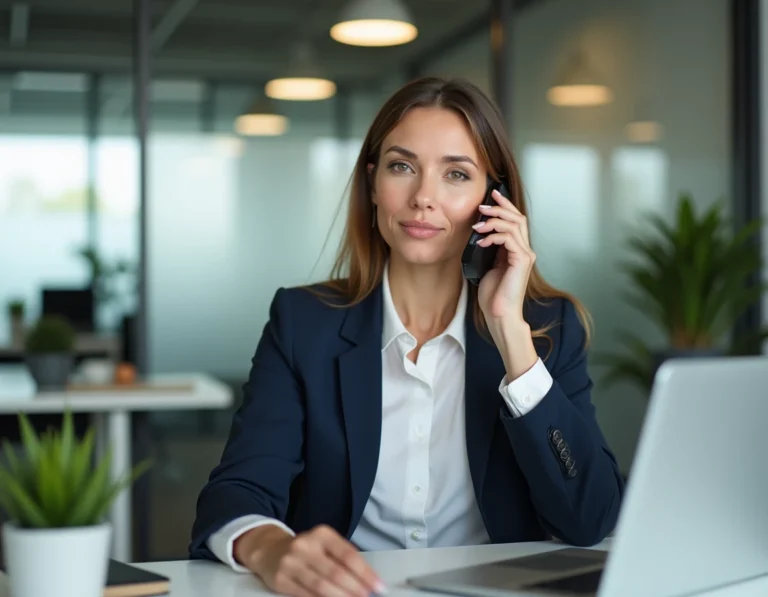 Femme professionnelle en veste marine passant un appel téléphonique dans un bureau moderne pour contacter rapidement un interlocuteur