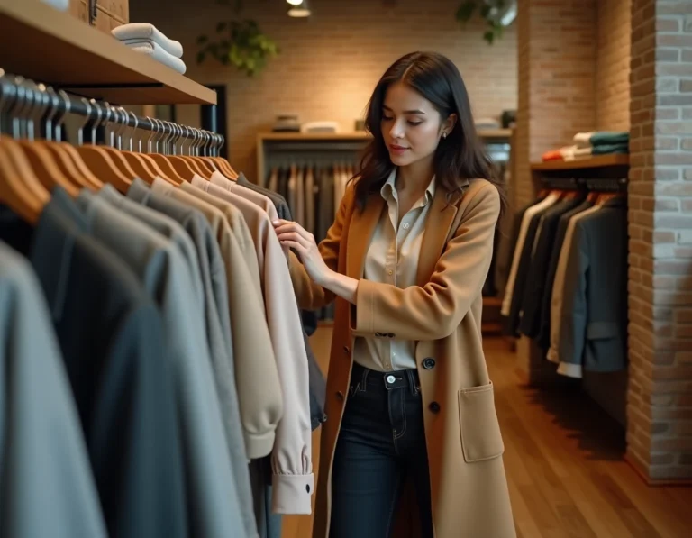 Femme élégante en manteau camel feuilletant un portant de vêtements dans une boutique de mode moderne aux murs en briques