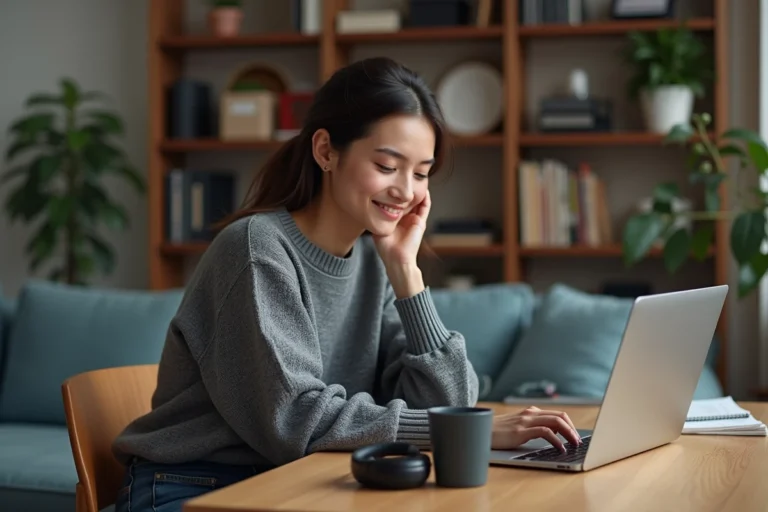Jeune femme détendue téléchargeant des films à la maison