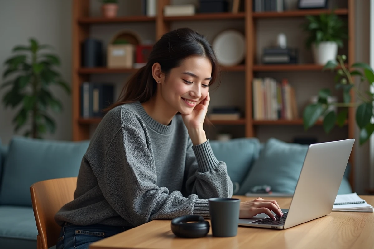 Jeune femme détendue téléchargeant des films à la maison