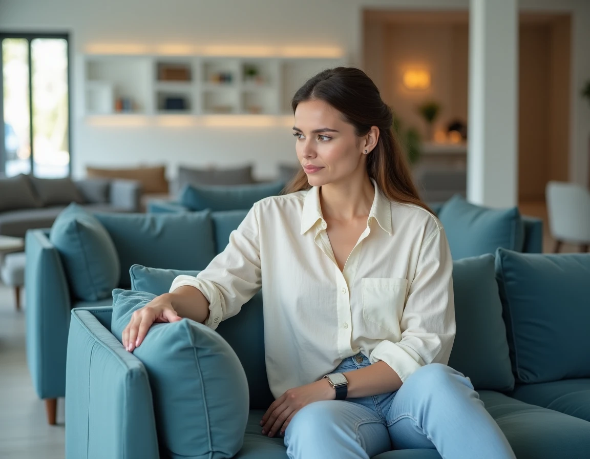 Femme testant le confort d'un clic-clac en velours bleu dans un showroom de meubles contemporain